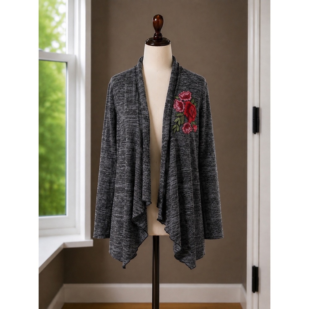 Ultra Teeze Womens Gray Space Dye Floral Rose Embroidered Open Front Cardigan L